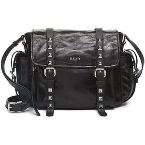 DKNY Shiny Black Messenger Bag w/ Silver Stud Details, “Naomi”, NWT